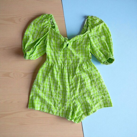 TOPSHOP Green White Gingham Plaid Puff Sleeve Romper Size US 4 - Picture 1 of 7
